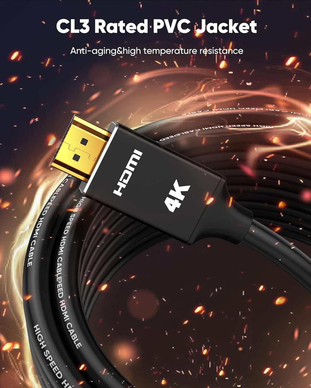 Capshi 4K Long HDMI Cable 30ft/9M, in-Wall CL3 Rated HDMI Cable 2.0 Support (HDR10 8/10bit 18Gbps HDCP2.2 ARC) High Speed HD Shielded Cord Compatible with TV, Laptop, PC, HDTV