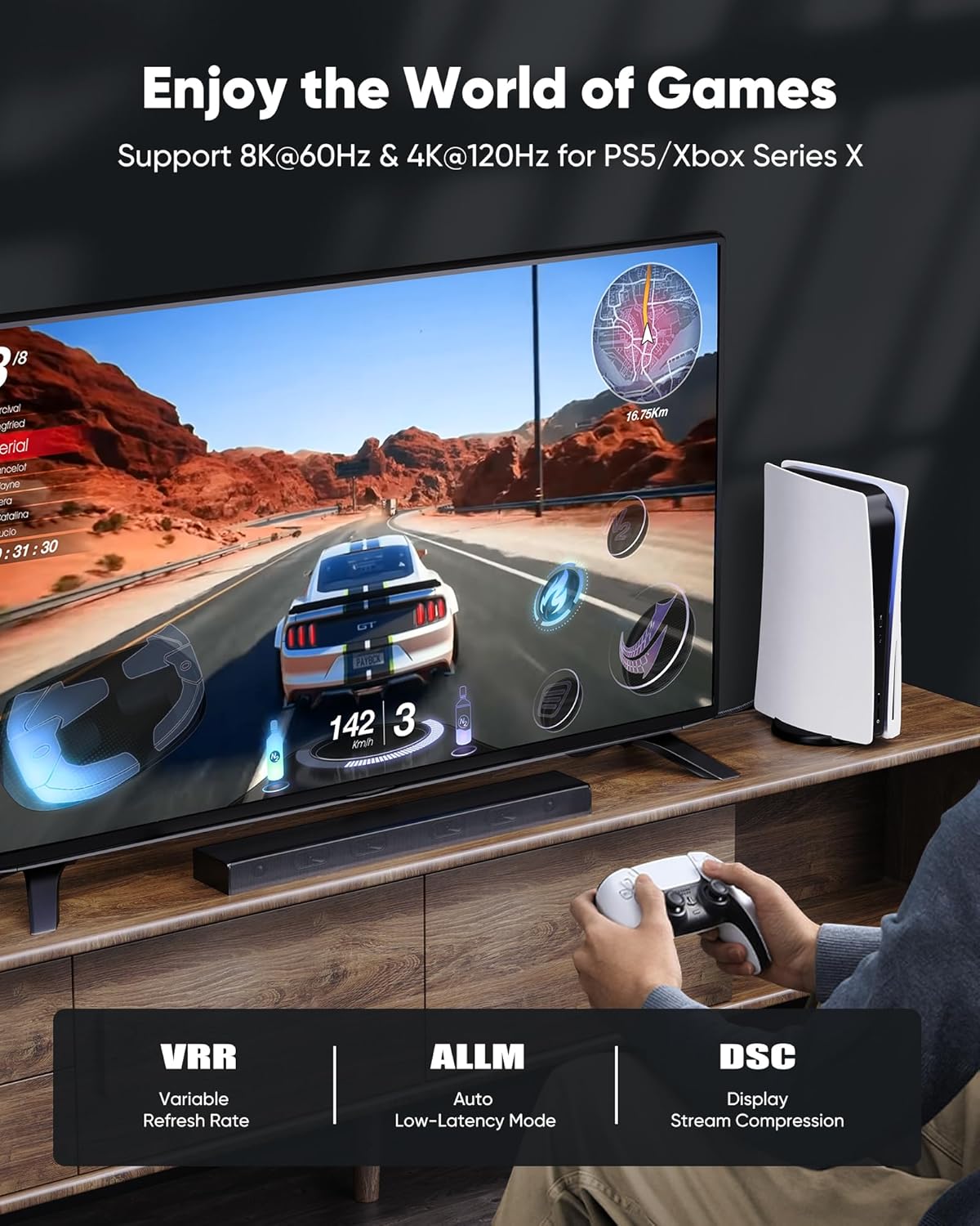 Capshi 6.6ft 8K 4K@120Hz HDMI Cable 2.1, 48Gbps High Speed Cord for PS5/4, TV, Gaming Console, Monitor, 8K@60Hz, 2K@240Hz, 144Hz, Support HDR, eARC, DTS:X, HDCP 2.2 & 2.3, Braided, Grey