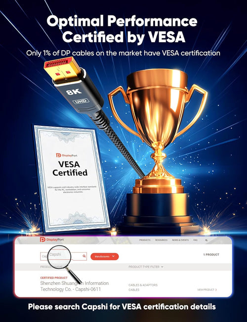 Capshi 8K 4K DisplayPort Cable 1.4, 10FT DP Cord (VESA Certified, 8K@60Hz, 4K@144Hz, 2K@240Hz/165Hz), 32.4Gbps High Speed Display Port Cable for Gaming Monitor, HDR/FreeSync/G-Sync, Braided, Black