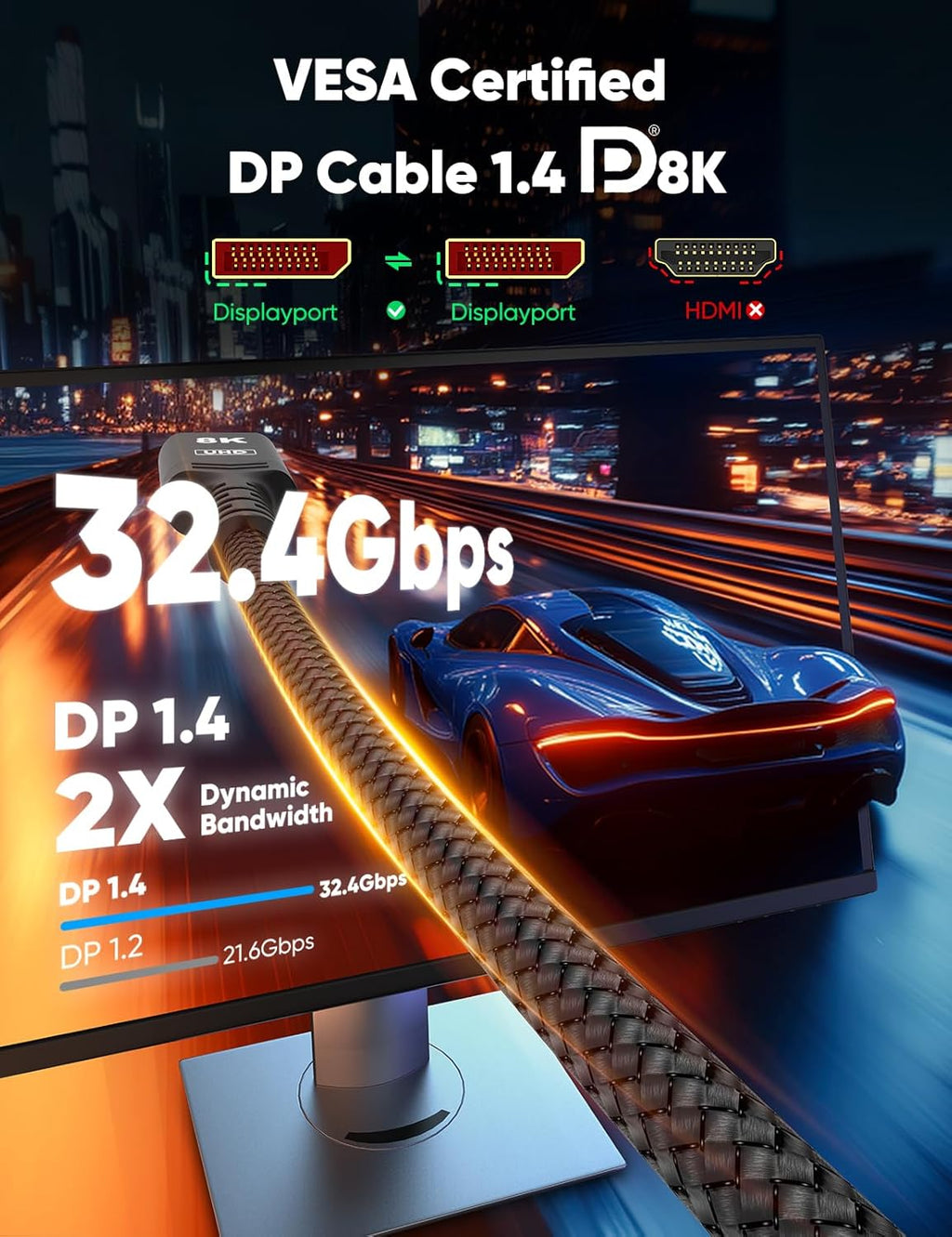 Capshi 8K 4K DisplayPort Cable 1.4, 10FT DP Cord (VESA Certified, 8K@60Hz, 4K@144Hz, 2K@240Hz/165Hz), 32.4Gbps High Speed Display Port Cable for Gaming Monitor, HDR/FreeSync/G-Sync, Braided, Black