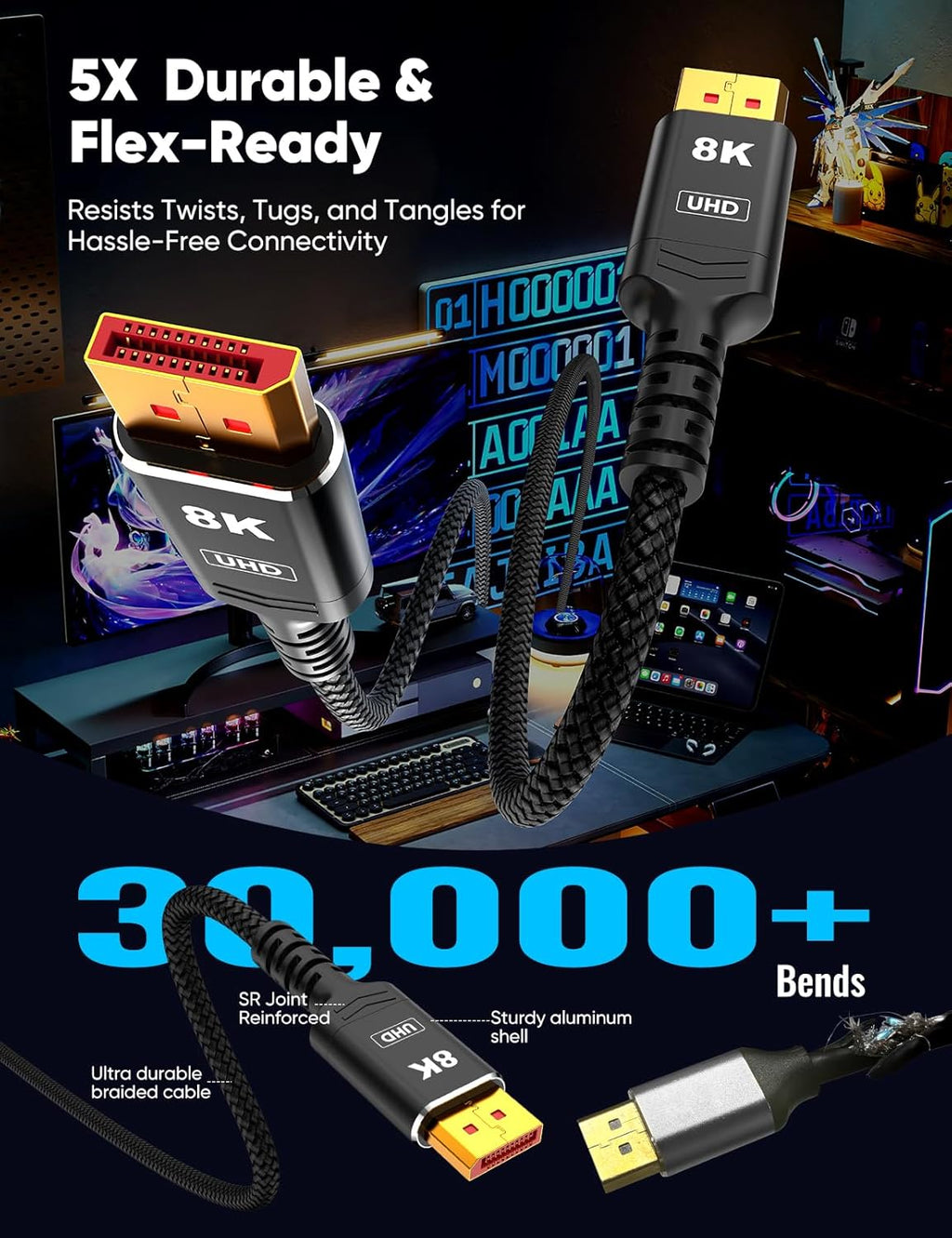 Capshi 8K 4K DisplayPort Cable 1.4, 10FT DP Cord (VESA Certified, 8K@60Hz, 4K@144Hz, 2K@240Hz/165Hz), 32.4Gbps High Speed Display Port Cable for Gaming Monitor, HDR/FreeSync/G-Sync, Braided, Black