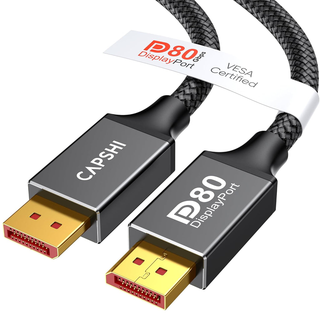 Capshi 80Gbps VESA Certified DisplayPort 2.1, 16K DP Cable 6.6FT (8K@240Hz, 4K@540Hz 360Hz 240Hz), DP80 Display Port Cord for RTX 5090, 7900XTX, Gaming Monitor, HDR/FreeSync/G-Sync