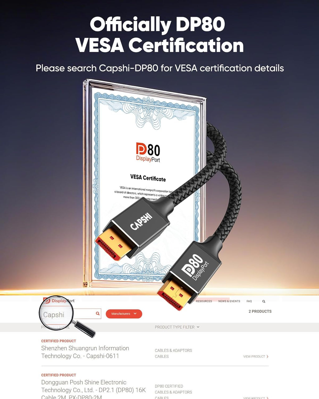 Capshi 80Gbps VESA Certified DisplayPort 2.1, 16K DP Cable 6.6FT (8K@240Hz, 4K@540Hz 360Hz 240Hz), DP80 Display Port Cord for RTX 5090, 7900XTX, Gaming Monitor, HDR/FreeSync/G-Sync