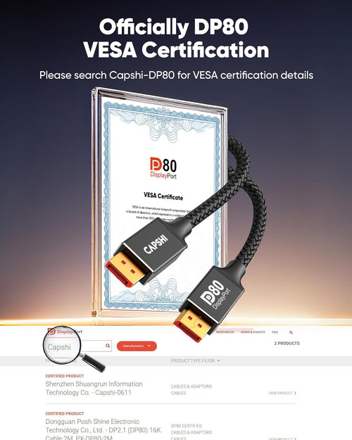 Capshi 80Gbps VESA Certified DisplayPort 2.1, 16K DP Cable 6.6FT (8K@240Hz, 4K@540Hz 360Hz 240Hz), DP80 Display Port Cord for RTX 5090, 7900XTX, Gaming Monitor, HDR/FreeSync/G-Sync
