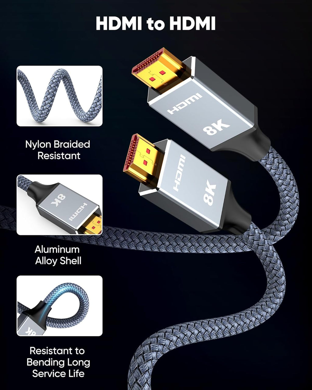 Capshi 6.6ft 8K 4K@120Hz HDMI Cable 2.1, 48Gbps High Speed Cord for PS5/4, TV, Gaming Console, Monitor, 8K@60Hz, 2K@240Hz, 144Hz, Support HDR, eARC, DTS:X, HDCP 2.2 & 2.3, Braided, Grey